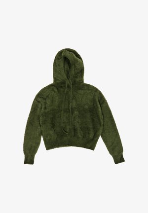 Sudadera corta de color verde oliva hecha de tela suave y texturizada. Cuenta con una capucha con cordón y mangas largas con puños ajustados.