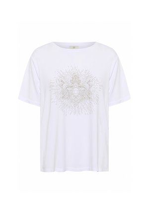 Fehér pamut póló, kerek nyakkivágással és rövid ujjal, amelynek közepén bonyolult arany mandala mintázat található.