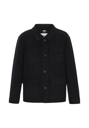 Jachetă neagră cu guler, închidere frontală cu nasturi, două buzunare în piept și două buzunare laterale; fabricată dintr-un material texturat.