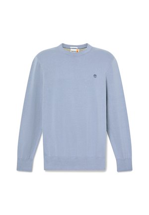 Light blue long-sleeve crewneck sweater with ribbed cuffs and hem, featuring a small Timberland logo on the left chest.