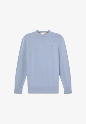 Light blue long-sleeve crewneck sweater with ribbed cuffs and hem, featuring a small Timberland logo on the left chest.
