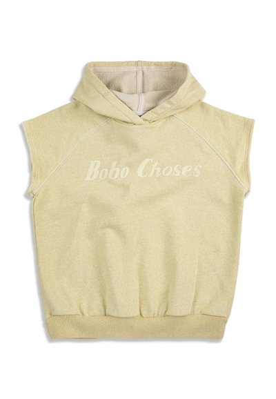 Sweat à capuche sans manches beige avec ceinture élastique et texte "Bobo Choses" imprimé sur la poitrine.