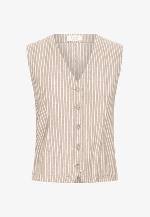 Ærmeløs beige vest med lodrette hvide striber, V-hals og fem beige knapper ned foran.