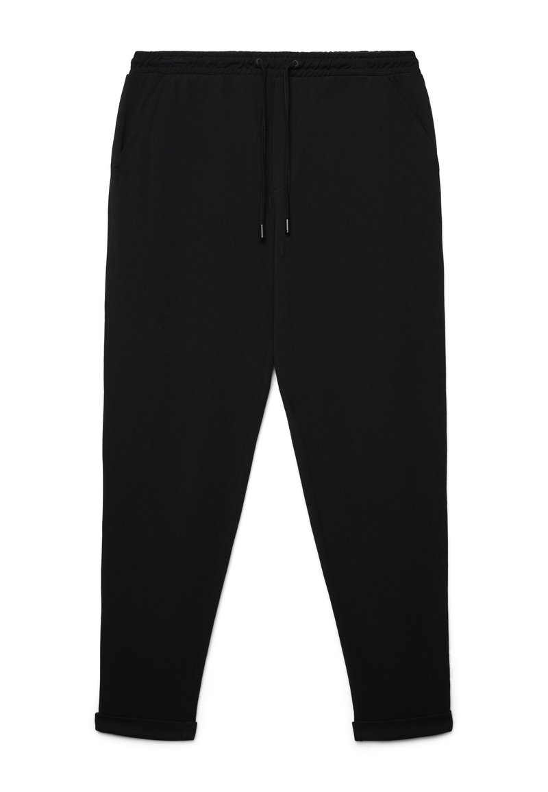 Pantaloni jogger neri, aderenti, realizzati in tessuto morbido, con vita elastica regolabile con coulisse, tasche laterali e orli con polsini.