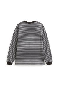 Langærmet skjorte i sort og hvid med vandrette striber. Ribbet sort halsudskæring og manchetter. Blødt, struktureret stof.