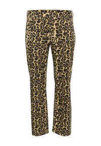 Luipaardprint broek in beige en zwart, met een rechtlopende pasvorm, riemlussen en klassieke vijfzakkenstyling. Gemaakt van een katoenmix.