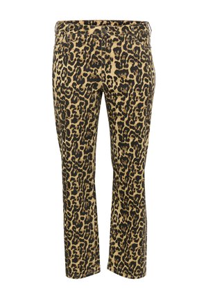 Leopardenmuster-Hosen in Beige und Schwarz, mit geradem Bein, Gürtelschlaufen und klassischer Fünf-Taschen-Optik. Hergestellt aus einem Baumwollgemisch.