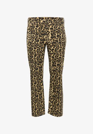 Housut leopardikuosisena beige- ja mustavärissä, suoranlahkeiset, vyölenkeillä varustetut ja klassisella viidellä taskulla varustetut. Valmistettu puuvillasekoitteesta.