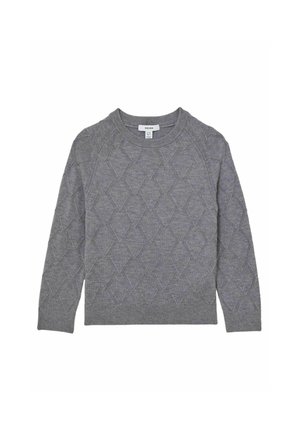 Gray knit sweater featuring a diamond pattern, round neckline, raglan sleeves, and ribbed cuffs and hem. Soft texture, casual design.