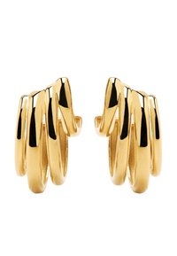 Złote kolczyki w kształcie obręczy z spiralnym wzorem, z wieloma nakładającymi się pętlami. Gładka powierzchnia z polerowanym wykończeniem, odbijająca światło.