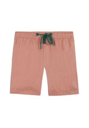 Rosa Badeshorts mit elastischem Taillenbund, grüner Kordel und seitlichen Taschen. Aus leichtem Stoff, mit glatter Textur.