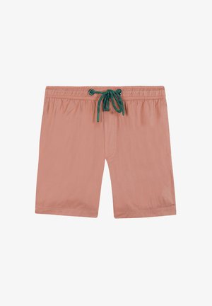Rosa Badeshorts mit elastischem Taillenbund, grüner Kordel und seitlichen Taschen. Aus leichtem Stoff, mit glatter Textur.