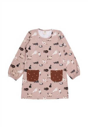 Langarmkleid aus weichem rosa Stoff mit einem verspielten Katzenmuster, braunen Taschen und elastischen Bündchen für eine bequeme Passform.