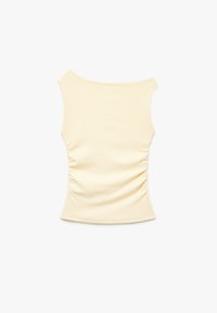 Top ajusté sans manches en jaune clair, présentant un tissu texturé avec un drapé sur les côtés et un décolleté dénudé.