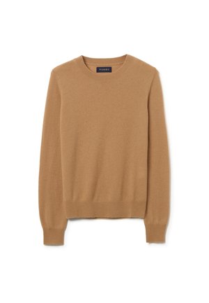 Maglione a maglia marrone realizzato in materiale morbido, con scollo rotondo e maniche lunghe. Design semplice con polsini e orlo a costine.