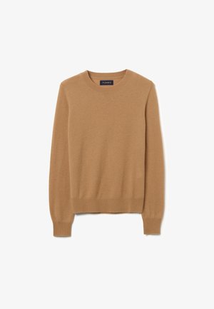 Maglione a maglia marrone realizzato in materiale morbido, con scollo rotondo e maniche lunghe. Design semplice con polsini e orlo a costine.