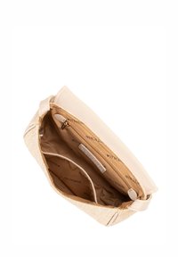 Borsa beige con esterno texturizzato e dettagli in pelle liscia. L'interno presenta numerosi scomparti e una tasca con zip.