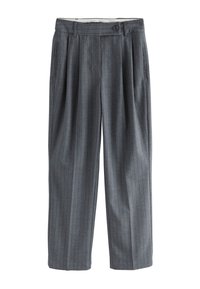 Szürke csíkos nadrág, szabott szabással, gombos záródással, oldalzsebekkel és sima, texturált anyagból.