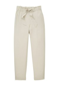 Pantalon beige taille haute avec ceinture élastique et ceinture en tissu nouée, coupe droite, sans poches visibles ni motifs.
