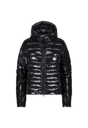Veste rembourrée noire brillante avec capuche, comportant des sections matelassées, une fermeture éclair sur le devant et des poignets élastiqués. Design léger et élégant.