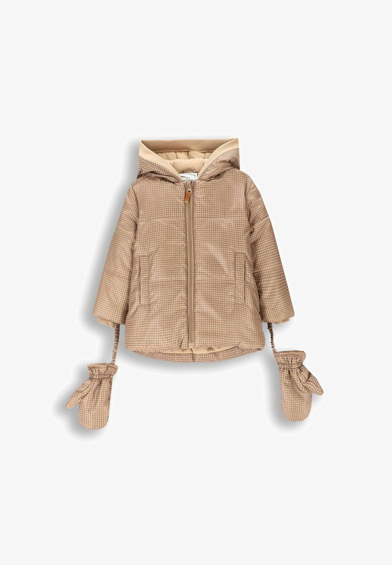 Brązowa puchowa kurtka w karo z beżowym kapturem, z zamkiem z przodu, dwiema bocznymi kieszeniami i przymocowanymi rękawiczkami dla ciepła i wygody.