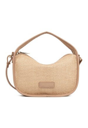 Petit sac à main beige tissé avec garniture et poignée en cuir, fermeture éclair et étiquette "Lancaster Paris" à l'avant.