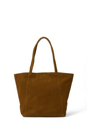 Brown suede tote bag with two shoulder straps, trapezoid shape, and smooth texture, shown against a white background.
