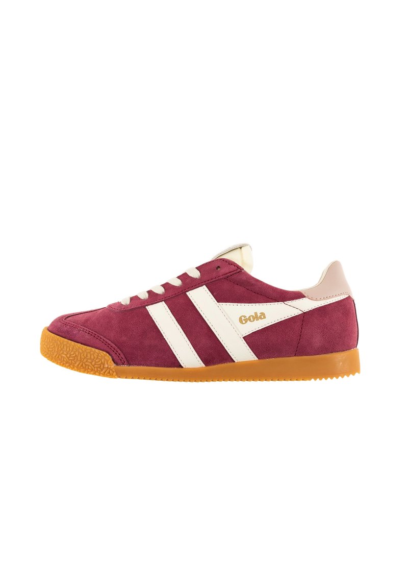 Suede burgundy sneaker with white stripes and gold logo. Features a textured rubber sole and beige accents on the heel and tongue.
