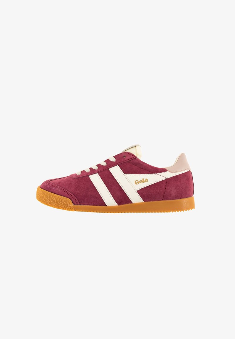 Suede burgundy sneaker with white stripes and gold logo. Features a textured rubber sole and beige accents on the heel and tongue.