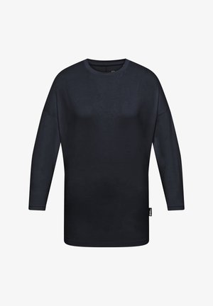 Dark navy long-sleeve shirt made of smooth fabric. Features a crew neckline and dropped shoulders. Tag visible on the lower left side.