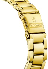 Bracelet en métal doré avec des maillons entrelacés. Doté d'un fermoir gravé "FESTINA". Surface lisse et polie avec un design de maillons rectangulaires.