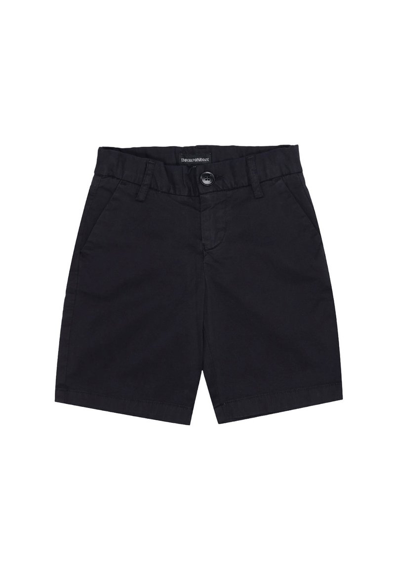 Pantaloni corte neri in cotone con chiusura a bottone, passanti per cintura e due tasche laterali. Texture liscia, design a gamba dritta e taglio all'altezza del ginocchio.