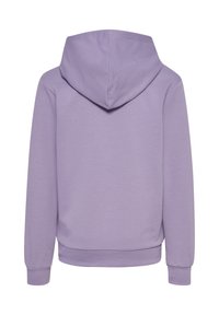 Felpa viola con cappuccio ampio, maniche lunghe e polsini a costine. Tessuto morbido; nessun logo o motivo visibile. Vista da dietro.