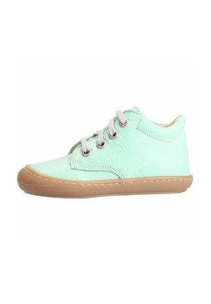 Light mint green high-top sneaker with white laces, metal eyelets, and light brown rubber sole against white background.