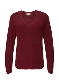 Bordeaux lange mouw trui met V-hals, gebreide textuur en een relaxte fit. Heeft een crossover-detail aan de halslijn.