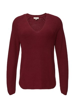 Pull-over bordeaux à manches longues avec un col en V, texture tricotée et coupe décontractée. Présente des détails croisés au niveau du col.
