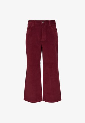 Pantalons en velours côtelé bordeaux à jambes larges, avec poches avant et fermeture à bouton. Texture douce et couleur riche et uniforme tout au long.