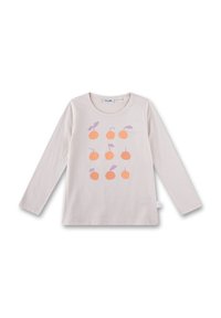 Langärmliges Shirt aus leicht beigefarbenem Baumwollstoff, mit einem Muster aus orangefarbenen Kreisen und lila Blättern, Rundhalsausschnitt und einem kleinen Logo-Tag am Saum.