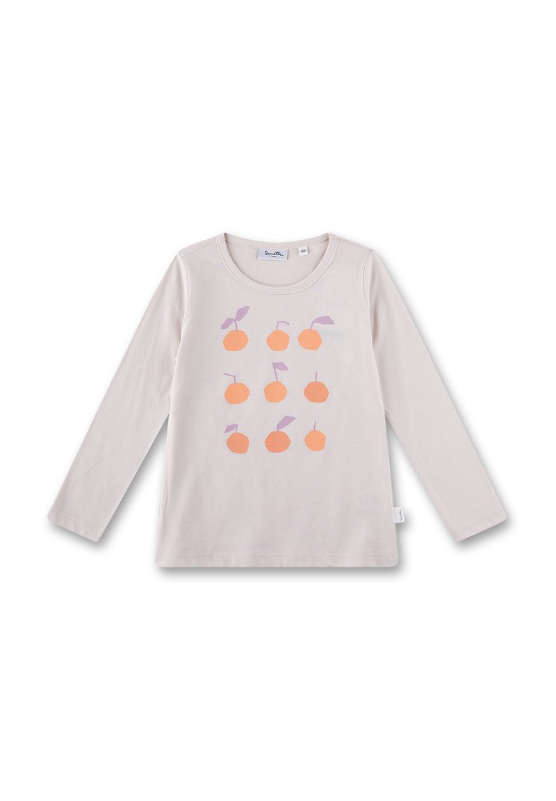 Langärmliges Shirt aus leicht beigefarbenem Baumwollstoff, mit einem Muster aus orangefarbenen Kreisen und lila Blättern, Rundhalsausschnitt und einem kleinen Logo-Tag am Saum.