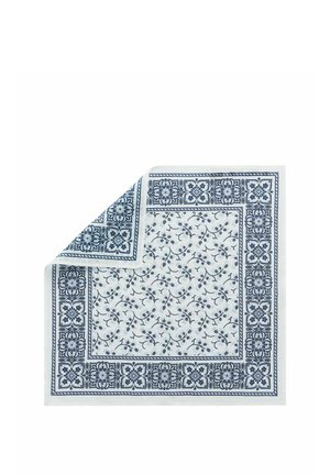 Witte vierkante doek met marineblauwe bloem- en geometrische randpatronen, hoek omgevouwen om het omgekeerde ontwerp aan de onderkant te laten zien.