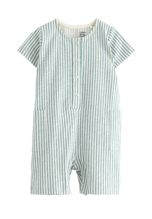Barboteuse bébé à manches courtes avec rayures verticales bleu sarcelle et blanches, boutons sur le devant, deux poches latérales et col rond.