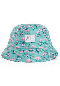 Bucket hat made of turquoise fabric, featuring a floral and flamingo pattern, with a white tag labeled "Blackskies" on the front.