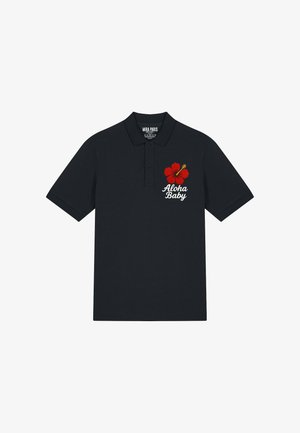 Black polo shirt in cotton with short sleeves, featuring a red hibiscus flower and white "Aloha Baby" text embroidered on the left chest.