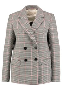 Podwójnie zapięty żakiet w szarym i czarnym wzorze houndstooth, z różowymi liniami siatki, czarnymi guzikami oraz dwiema przednimi kieszeniami.