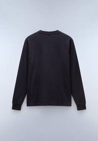 Black long-sleeve shirt made of cotton. Features a round neckline and simple design with long sleeves. Smooth texture, no patterns or accents.
