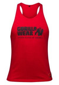 Red tank top made of cotton with a round neckline and open back. Features black graphics with "GORILLA WEAR" and "UNITED STATES OF AMERICA."