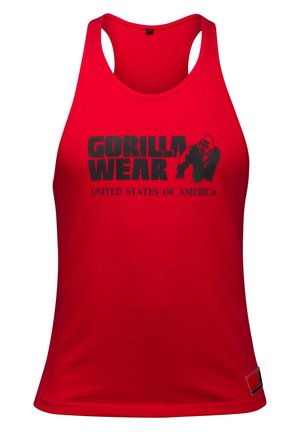 Camiseta sin mangas roja de algodón con escote redondo y espalda descubierta. Presenta gráficos en negro con "GORILLA WEAR" y "ESTADOS UNIDOS DE AMÉRICA."