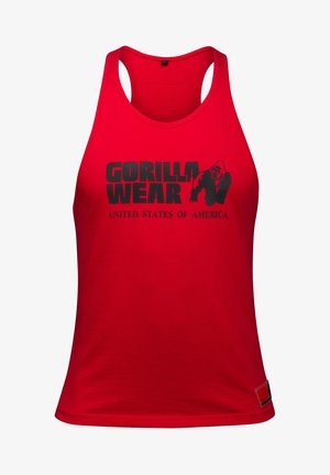 Camiseta sin mangas roja de algodón con escote redondo y espalda descubierta. Presenta gráficos en negro con "GORILLA WEAR" y "ESTADOS UNIDOS DE AMÉRICA."