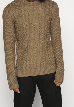 Homme portant un pull en maille torsadée marron avec des motifs texturés et un pantalon noir sur un fond uni.