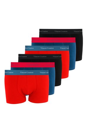 Cinque paia di boxer da uomo in rosso, blu e nero alternati con bande in vita con il marchio "Vincent Creation."